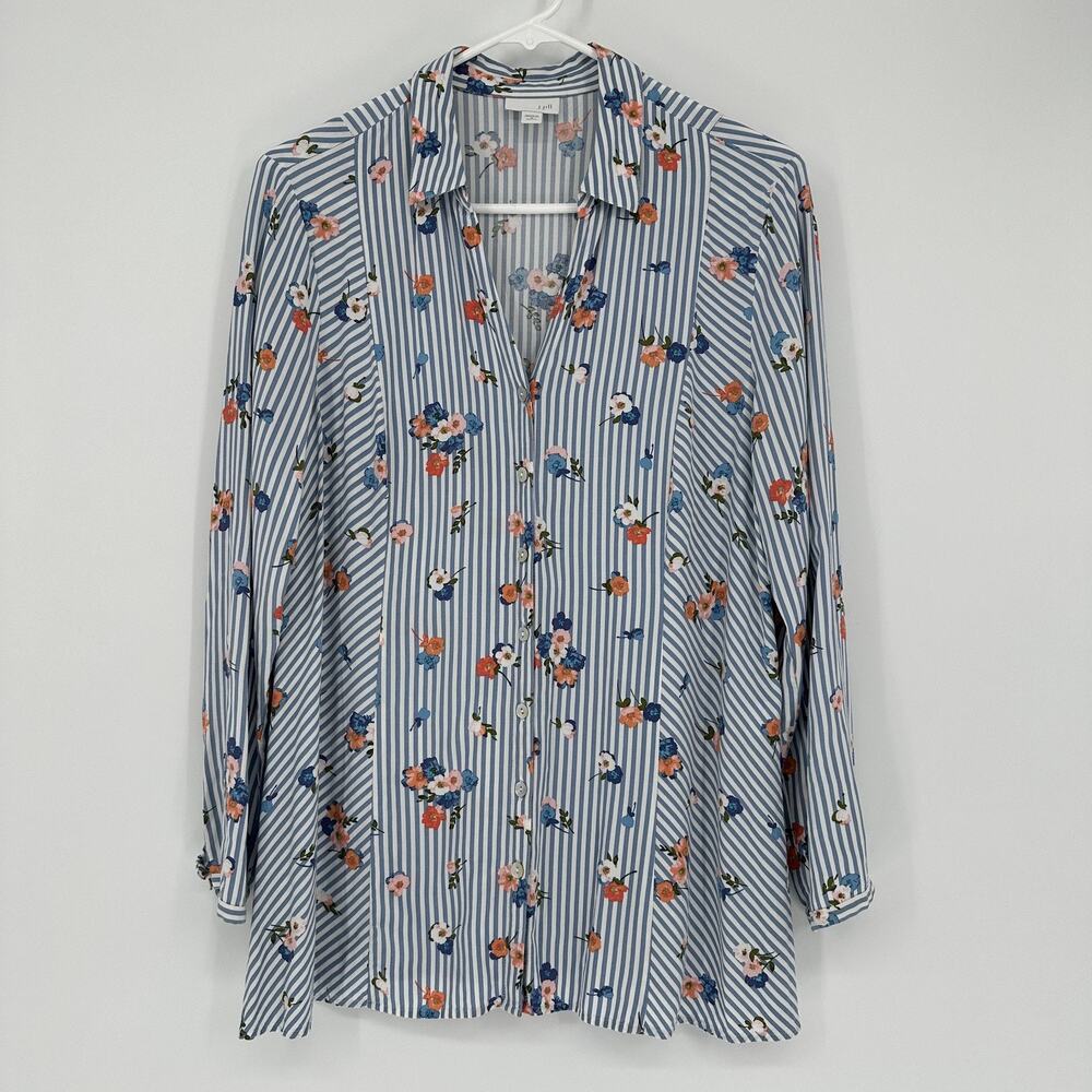 J.Jill Shirt Womens Medium Petite Blue Stripe Floral Button Front Long Sleeve